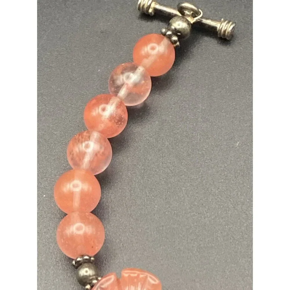 Strawberry Pink Quartz Bracelet Glass Flower Bead Sterling Silver Toggle 8" Boho - Picture 7 of 9